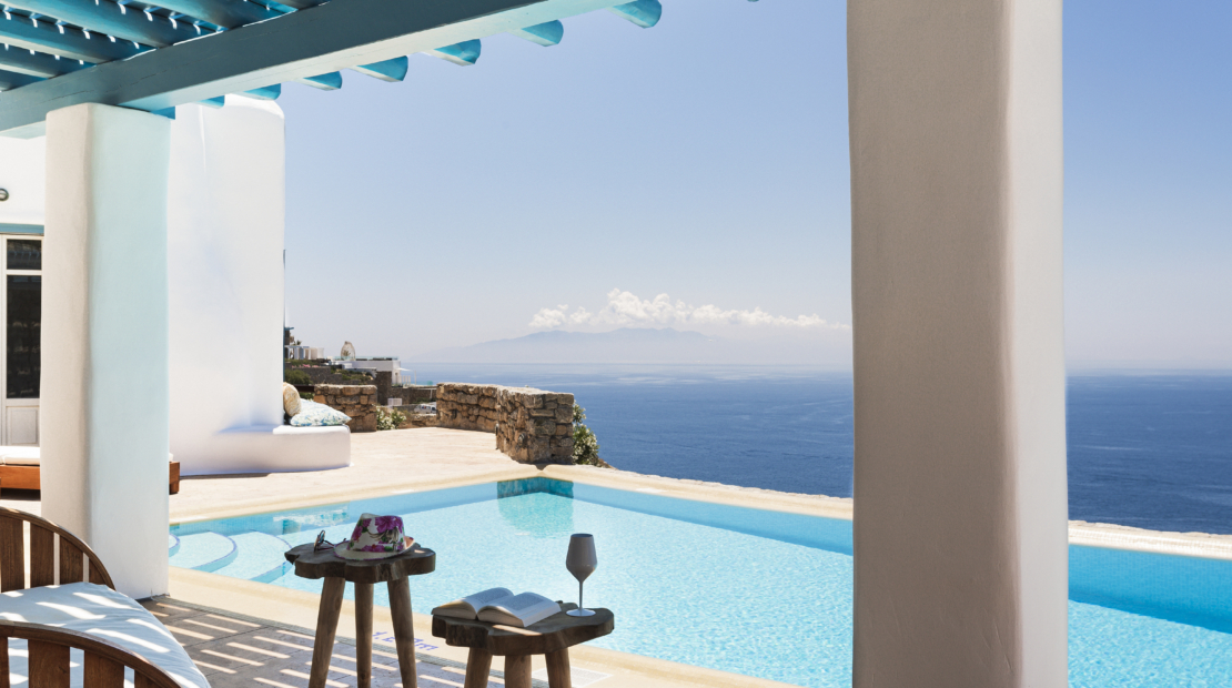 Pool and sea view at Villa Elpida, one of the best mykonos villa rentals by AGL