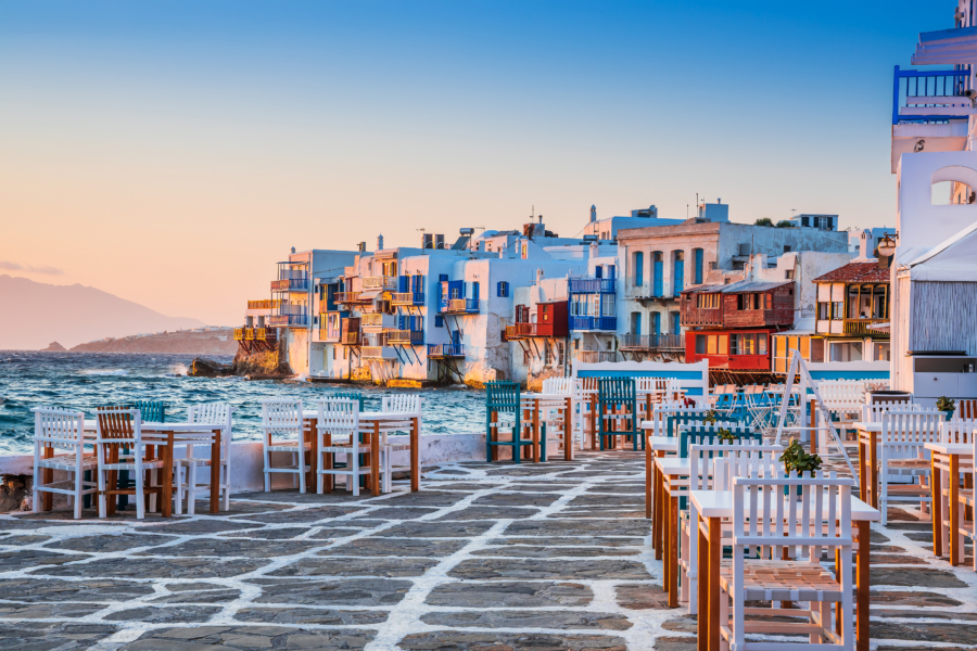 Mykonos, Greece. Waterfront In Little Venice, Mykonos At Sunset.